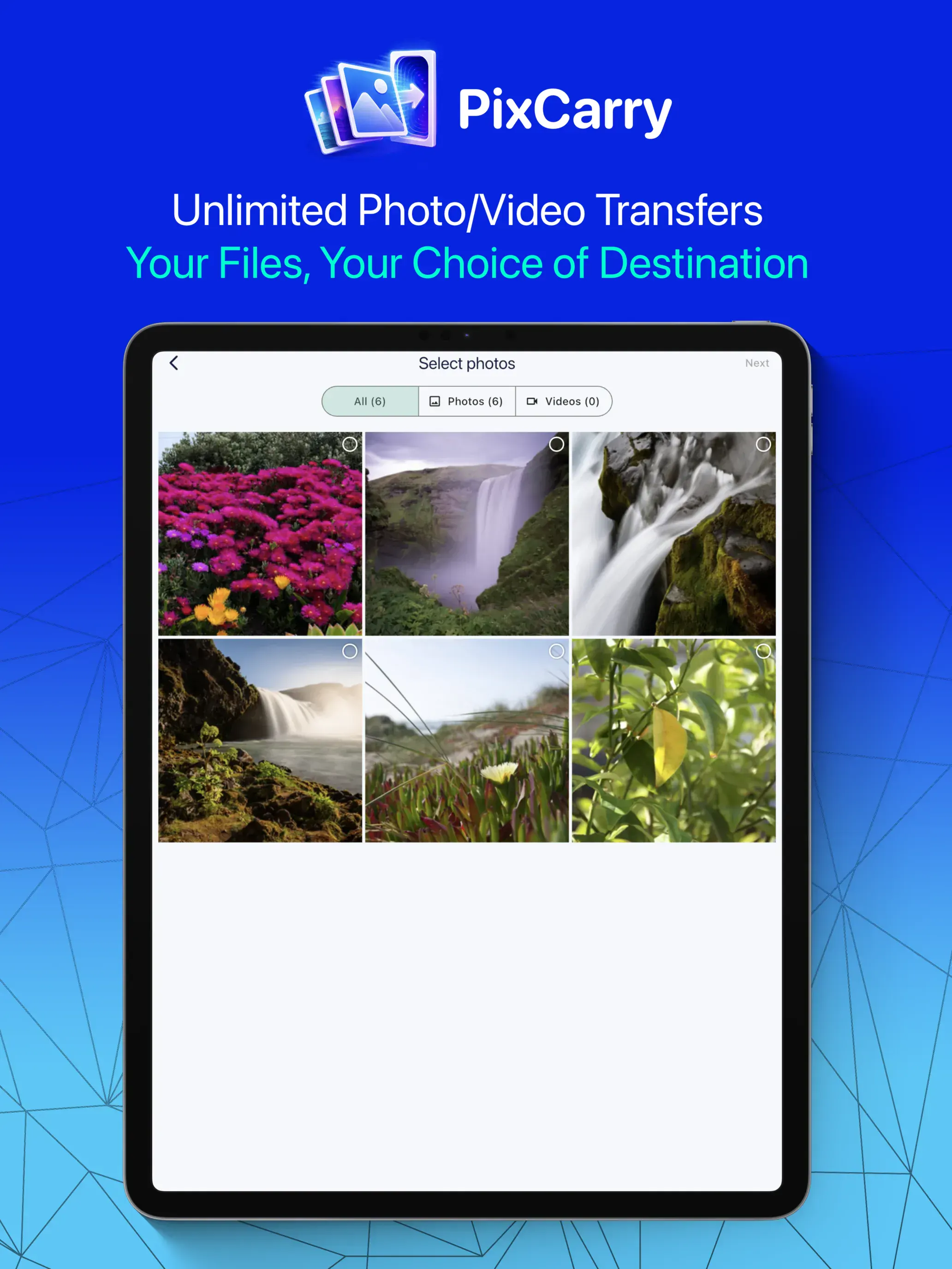 PixCarry on iPad, selecting photos to send