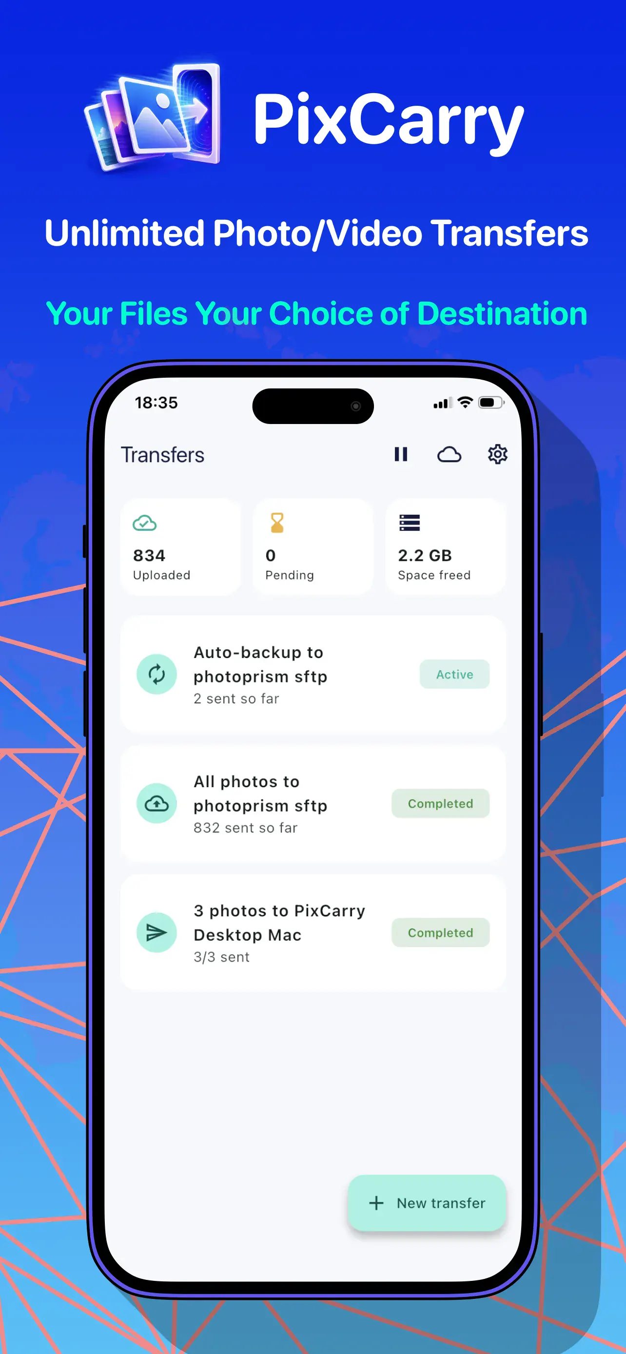 Transfers screen showing upload progress and active destinations