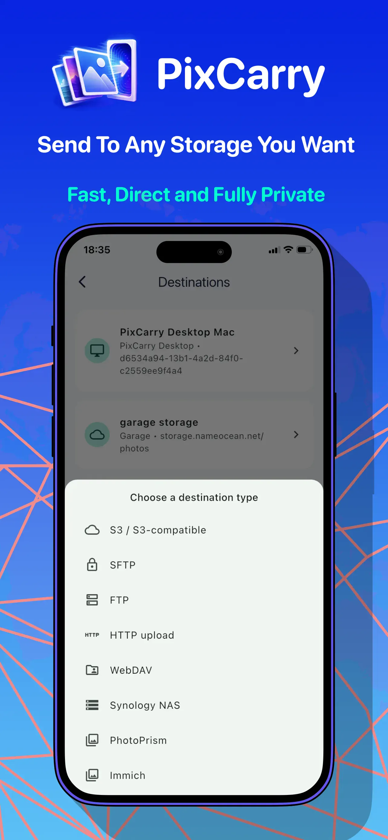 Choosing a destination type: S3, SFTP, FTP, WebDAV, Synology NAS, PhotoPrism, or Immich