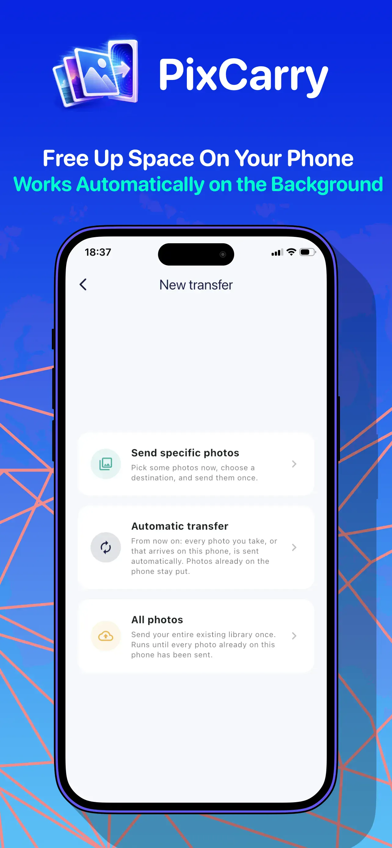 Starting a new transfer: send specific photos, automatic transfer, or all photos